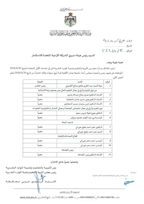 مجلس التربية والتعليم وتنمية الموارد البشرية يوافق على تعيين رئيس وأعضاء مجلس أمناء جامعة عمان الأهلية 